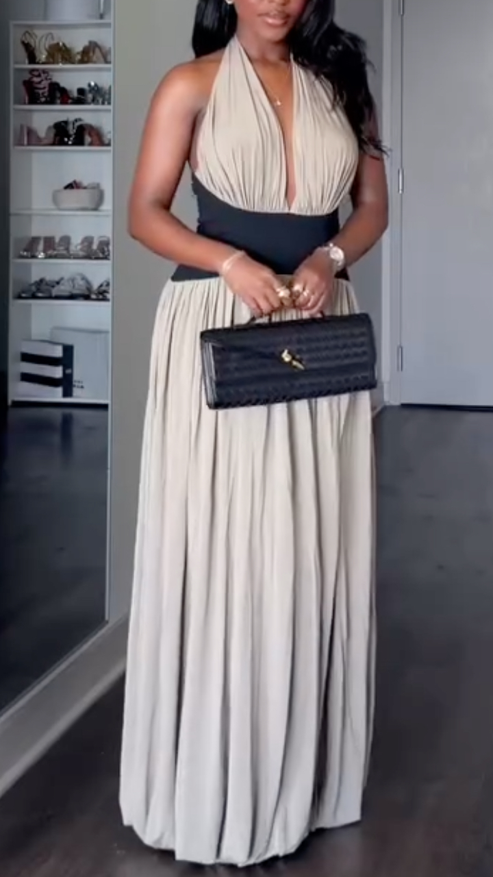 Beige Black Color Block Halter Neck Maxi Dress