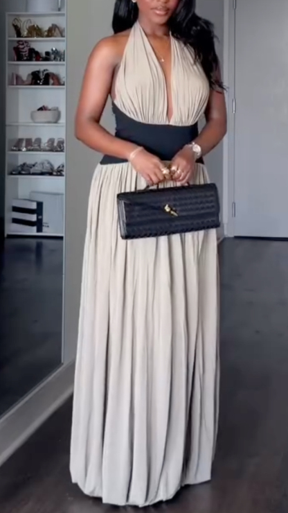 Beige Black Color Block Halter Neck Maxi Dress