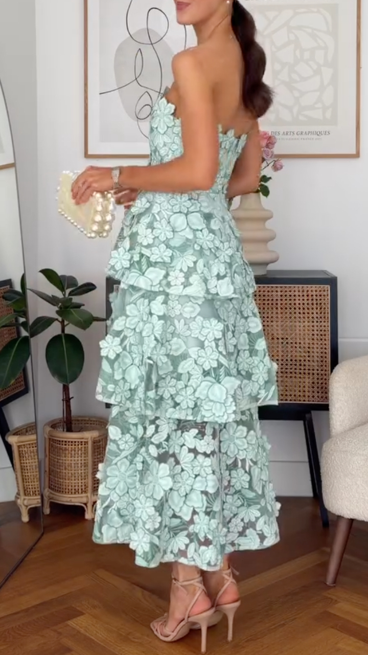 Mint Green Floral Applique Strapless Tiered Midi Dress