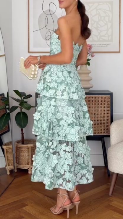 Mint Green Floral Applique Strapless Tiered Midi Dress