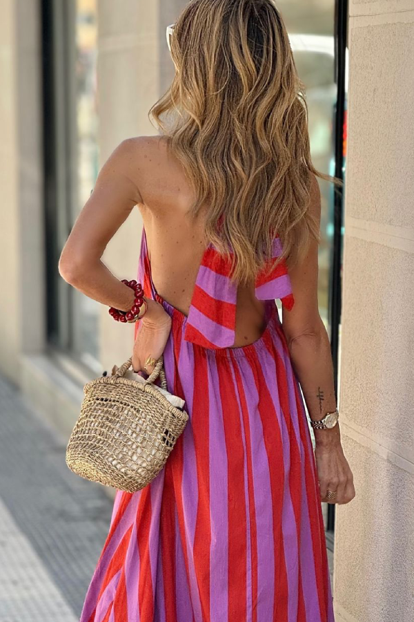 Casual Red Striped Loose Backless Long Dress