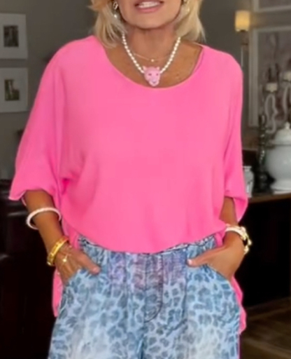 Fluorescent Pink Batwing Sleeve Top + Gradient Blue Leopard Print Wide-Leg Pants Set