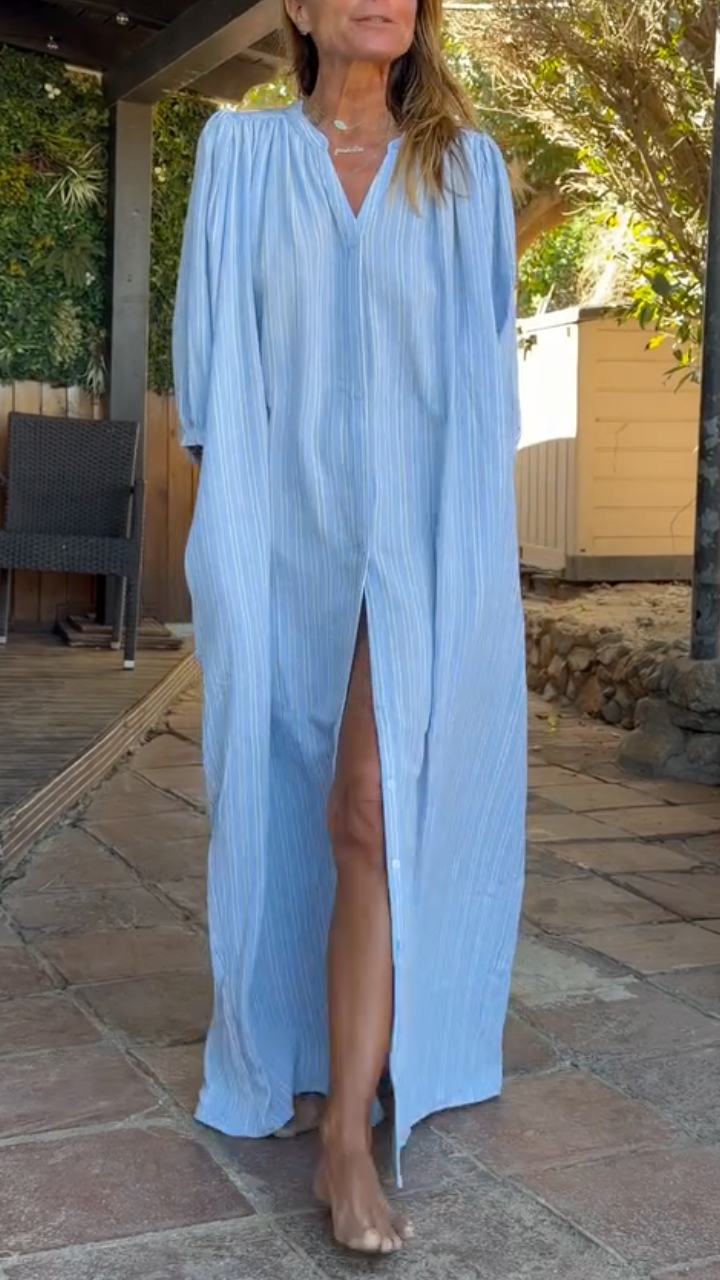 Light Blue Striped Button Down Shirt Maxi Dress