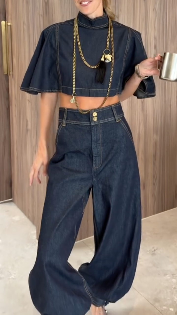 Dark Denim Cropped Top & Barrel Pants Set