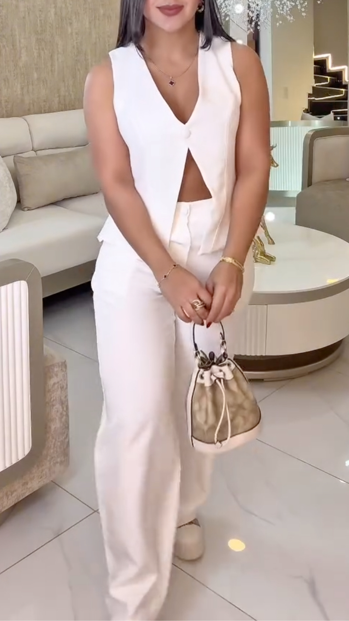 V-Neck Hollow Out Sleeveless Vest & Wide-Leg Pants Set