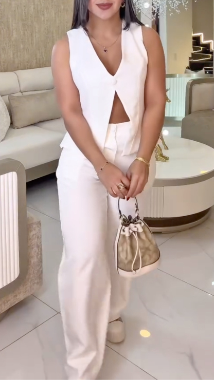 V-Neck Hollow Out Sleeveless Vest & Wide-Leg Pants Set