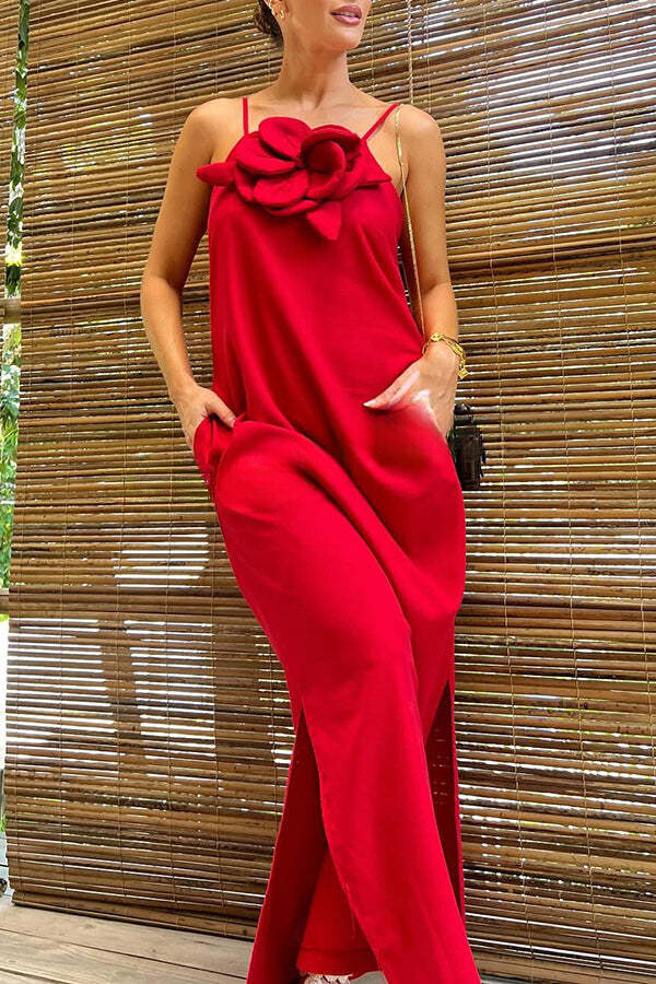 Floral Embellishment Pocketed Slit Maxi Dress