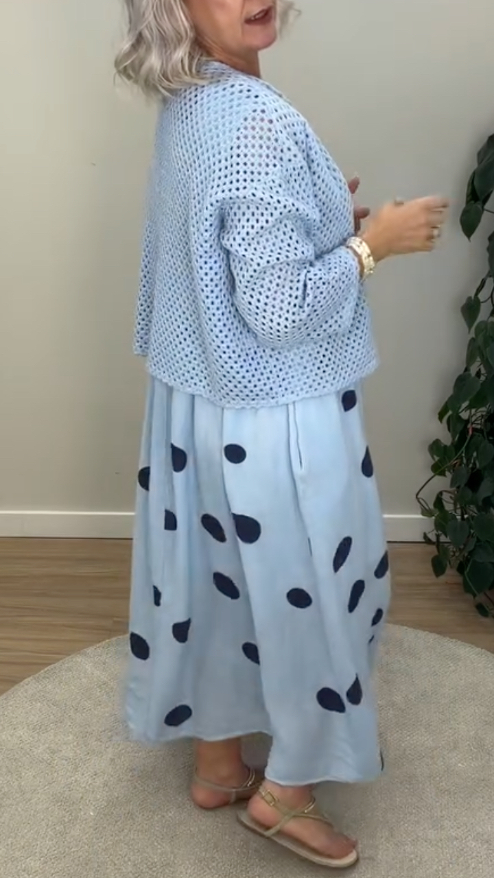 Polka Dot Maxi Dress With Hollow Knit Cardigan Two Piece Set