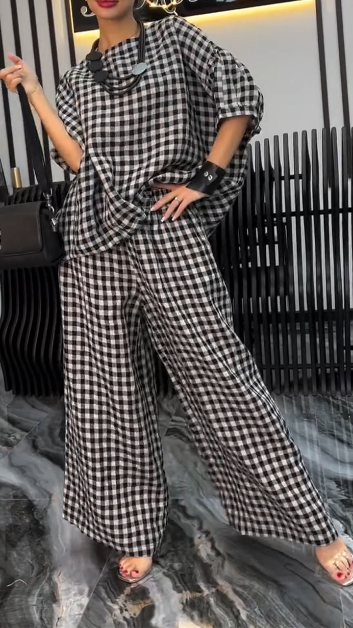 Ladies Round Neck Plaid Casual Suit
