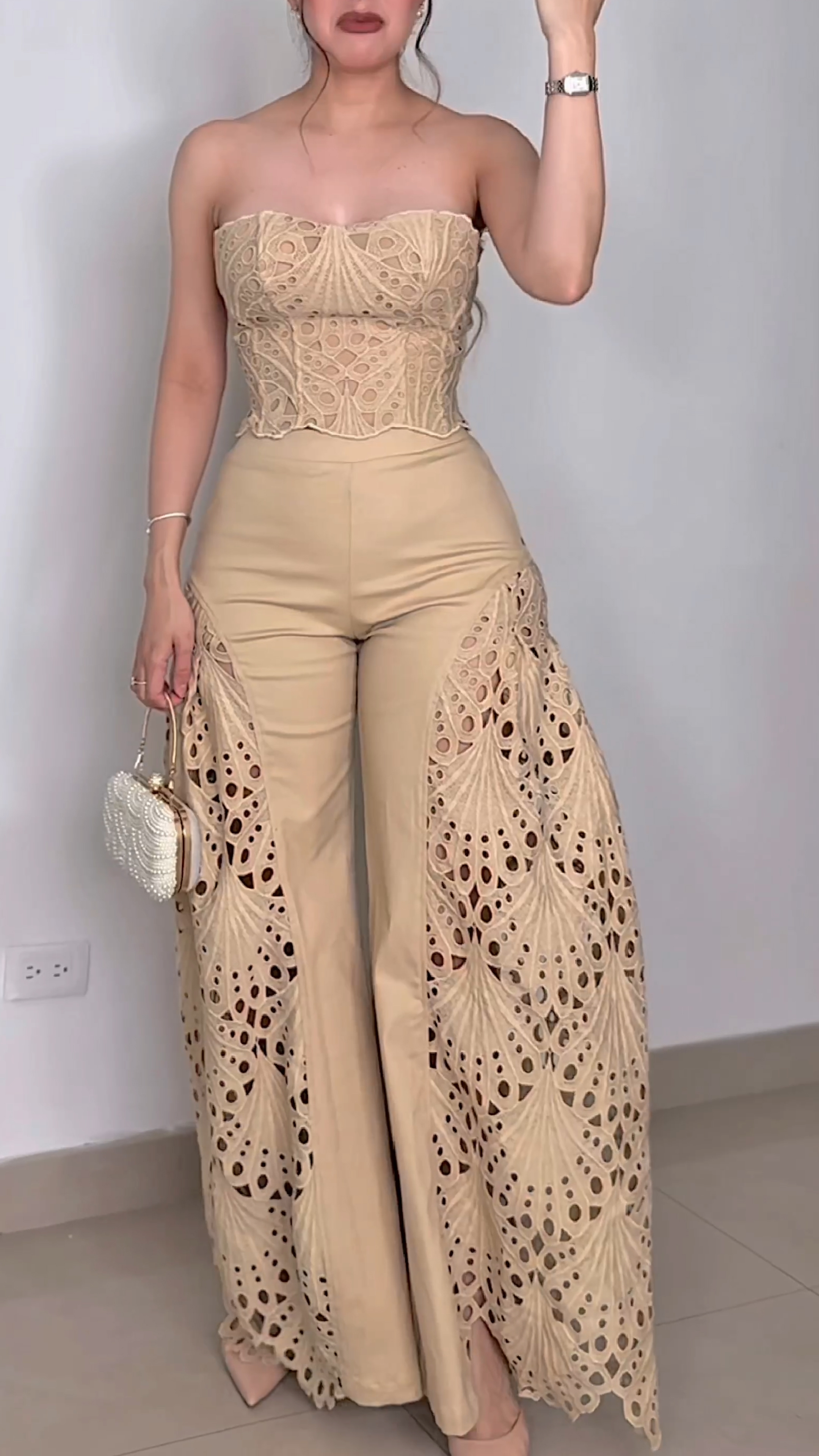 Beige Strapless Lace - Detailed Corset Top and Wide - Leg Pants Set