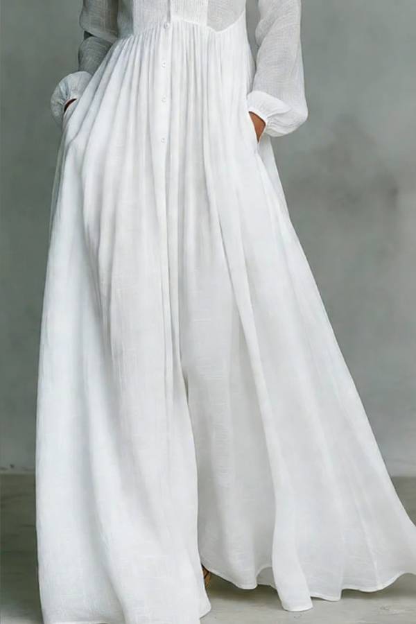 Solid Color Stand Collar Long Sleeve Casual Pocket Maxi Dress