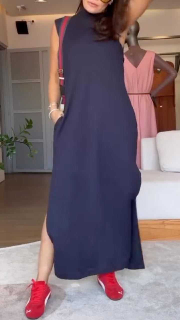 Navy High‐Neck Sleeveless Slit Midi Dress