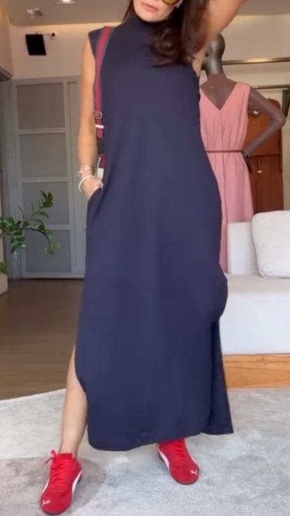 Navy High‐Neck Sleeveless Slit Midi Dress