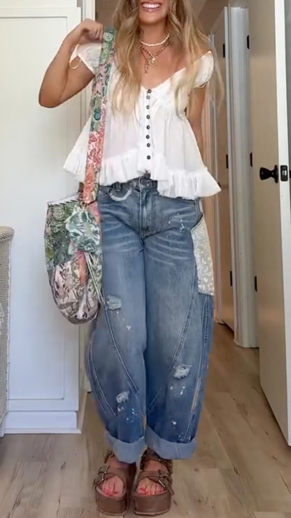 Short‐Sleeve Top & Distressed Patchwork Denim Jeans Co‐Ord Set