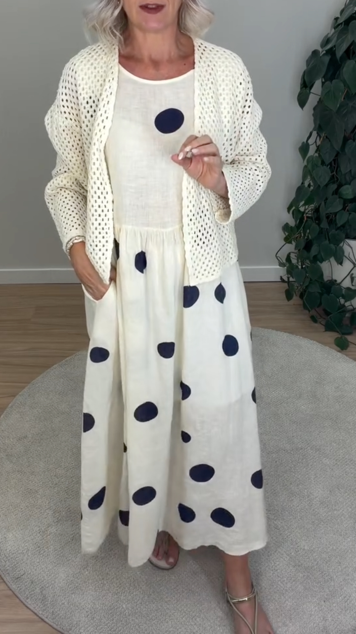 Polka Dot Maxi Dress With Hollow Knit Cardigan Two Piece Set