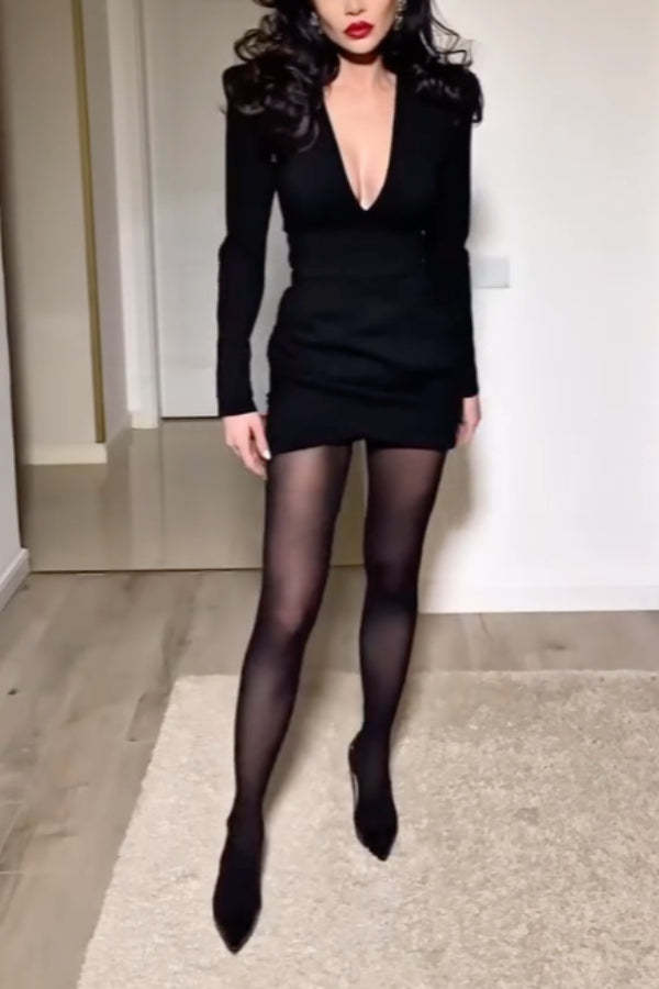 Dark Style Suit Collar Deep V Slim Fit Long Sleeve Mini Dress