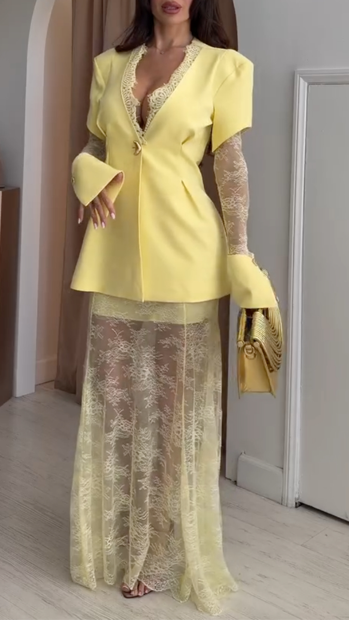 Lace‐Insert Blazer & Sheer Lace Maxi Skirt Co‐Ord Set