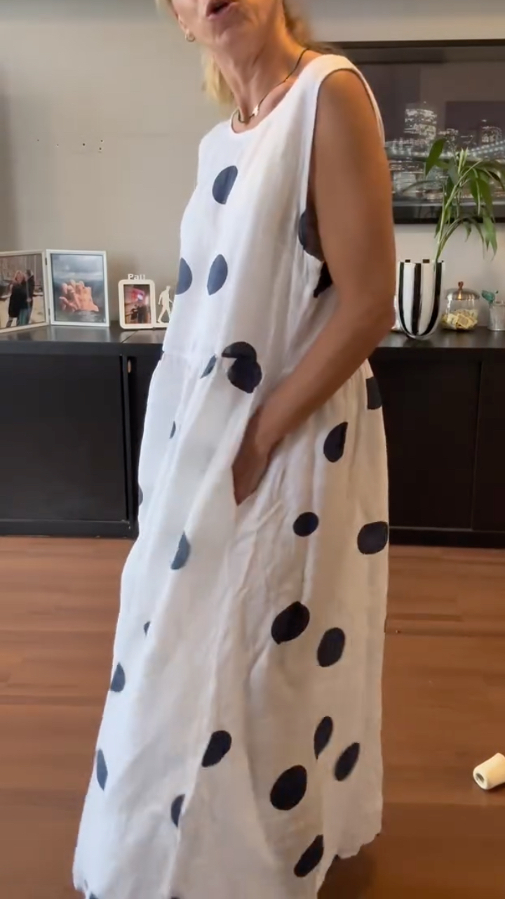 Women's Round Neck Cotton Linen Polka Dot Print Casual Dress