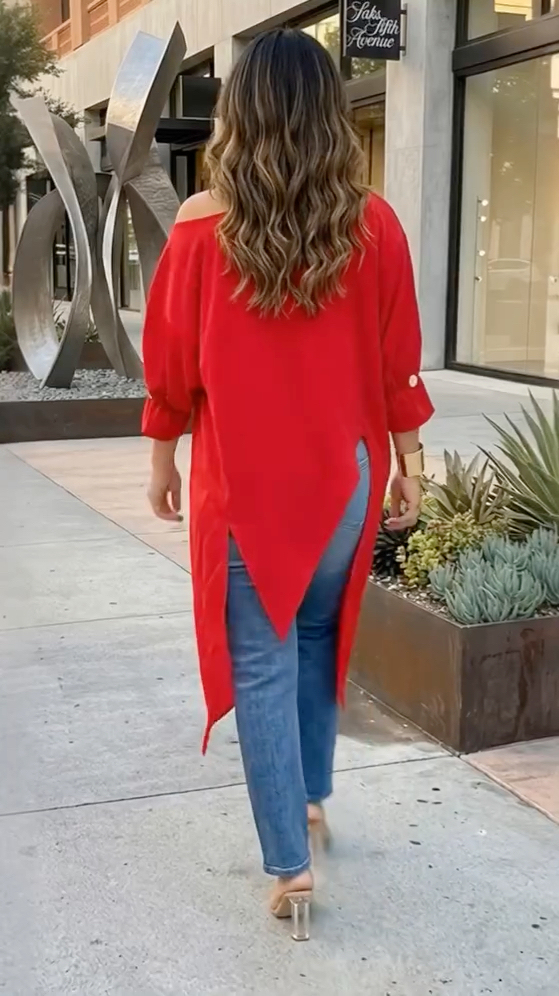 Off‐Shoulder Sheer Long Tunic