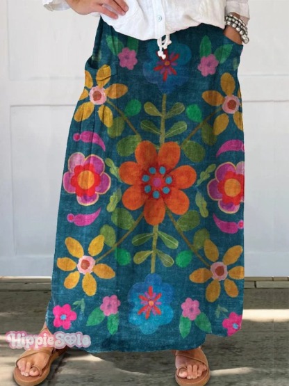 Women's Colorful Retro Floral Art Linen Pocket Skirt