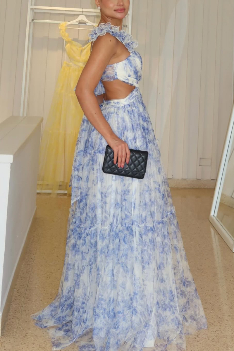 Women's V-Neck Cutout Tiered Tulle Maxi Dress With Flower Straps