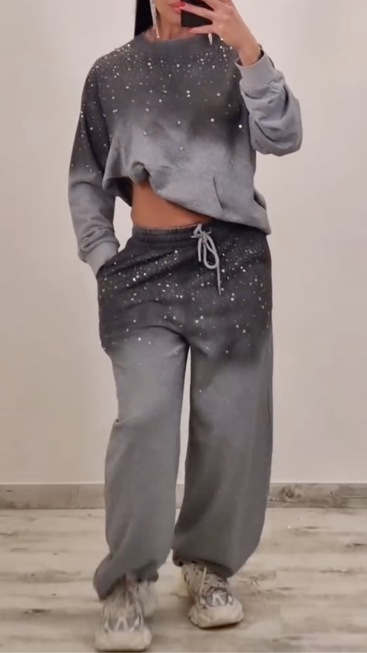 Women's Gradient Rhinestone Casual Hoodie Set