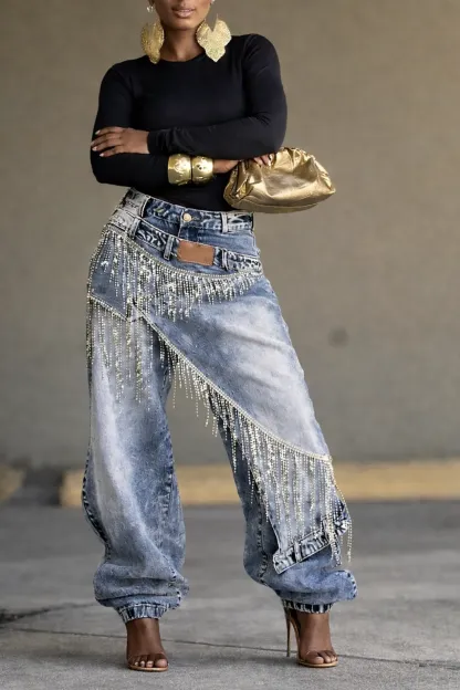 Rhinestone Fringe Double Waistband Wide Leg Denim Jeans