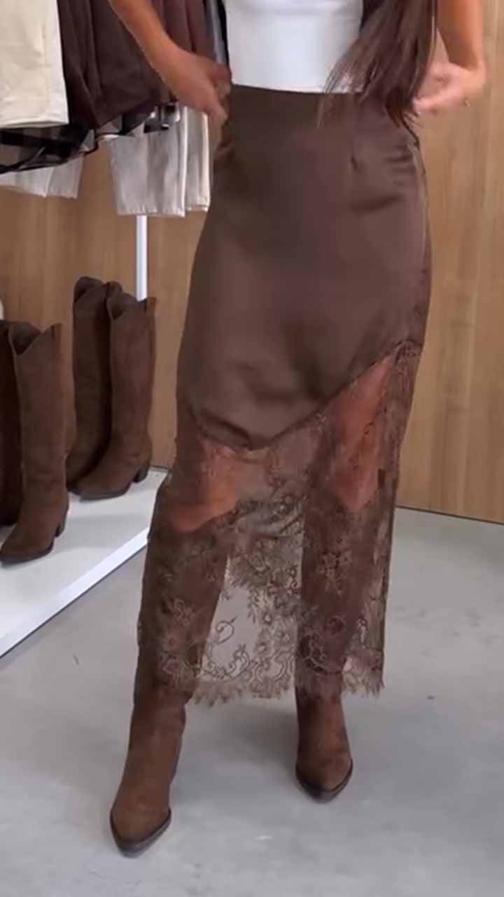 Satin Lace Patchwork High Rise H-line Maxi Skirt