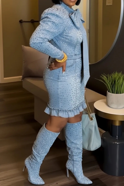 Women's Long-Sleeved Denim Dress With Bow Tie