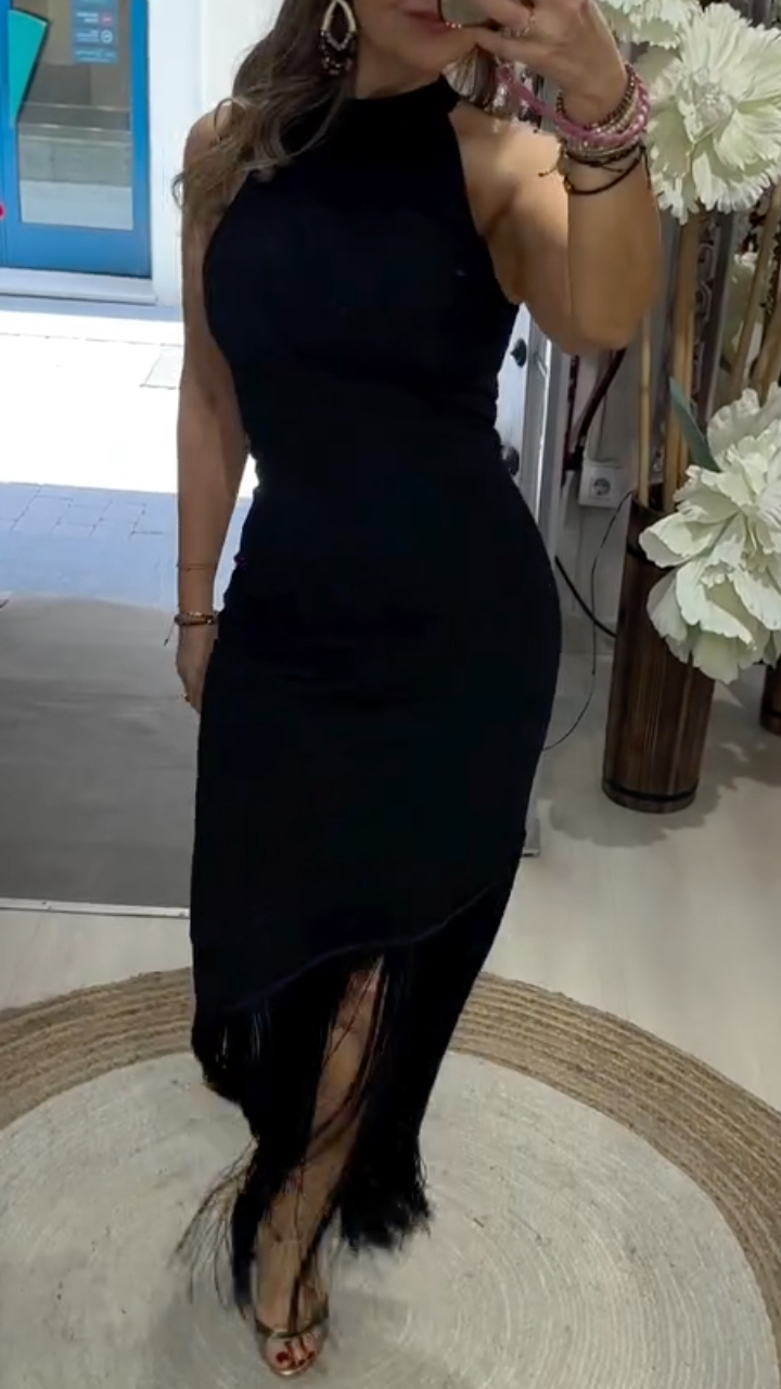 Halter Neck Fringe Hem Midi Dress