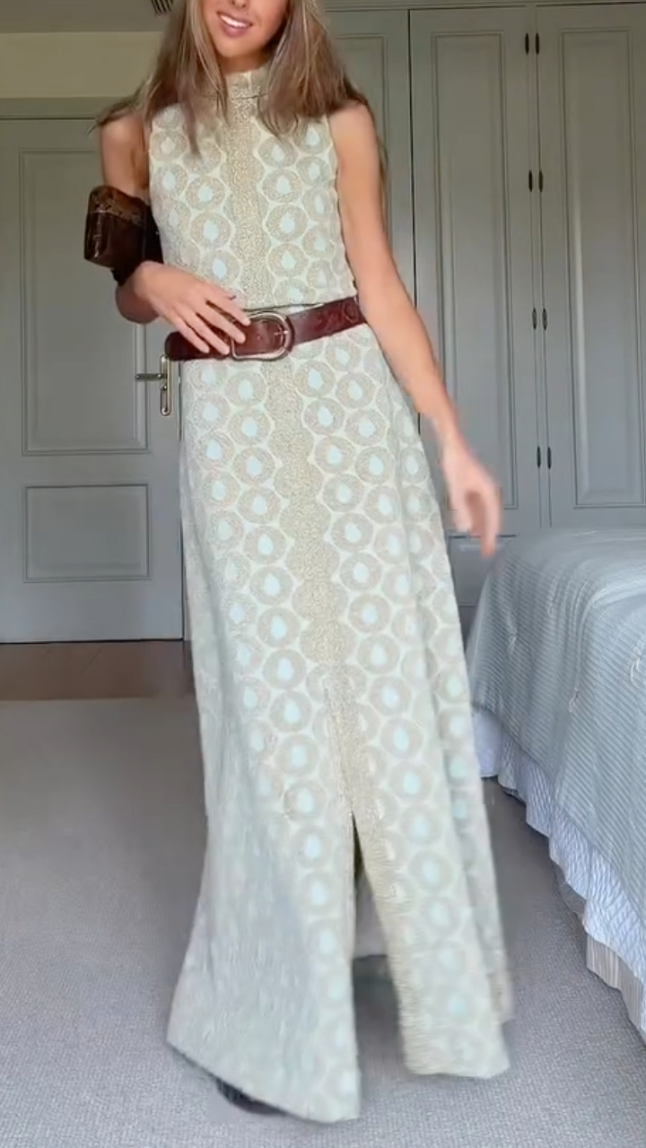 Women's High-Neck, Slit, Printed Elegant Maxi Dress