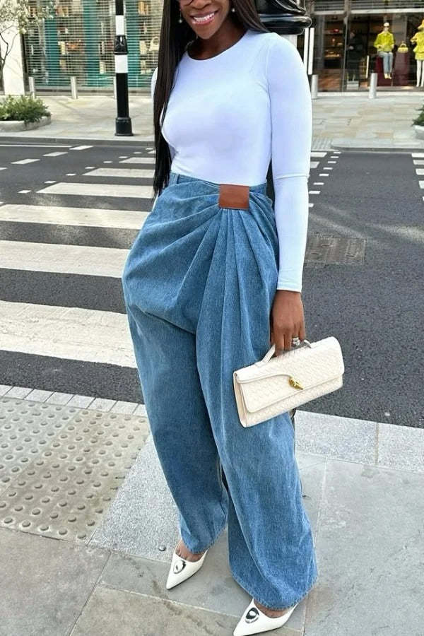 Stylish Pleated Casual Pocket Wide-leg Jeans