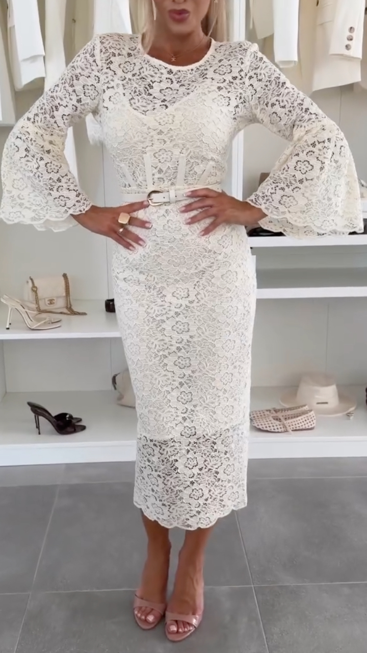 Women's Round Neck Lace Bell Sleeve Elegant Dress Set