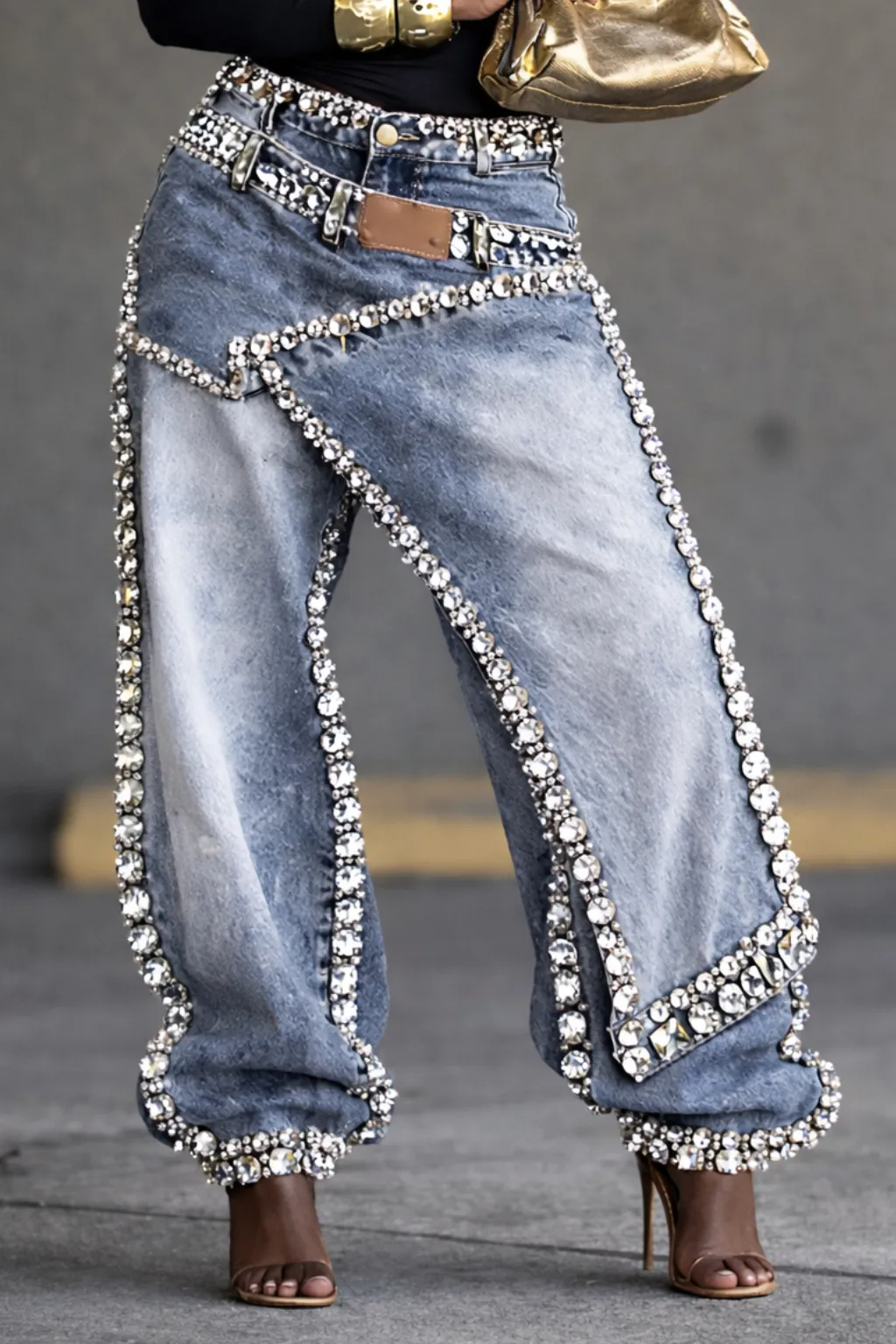 Women's Diamond-Encrusted Faux Two-Piece Denim Jeans