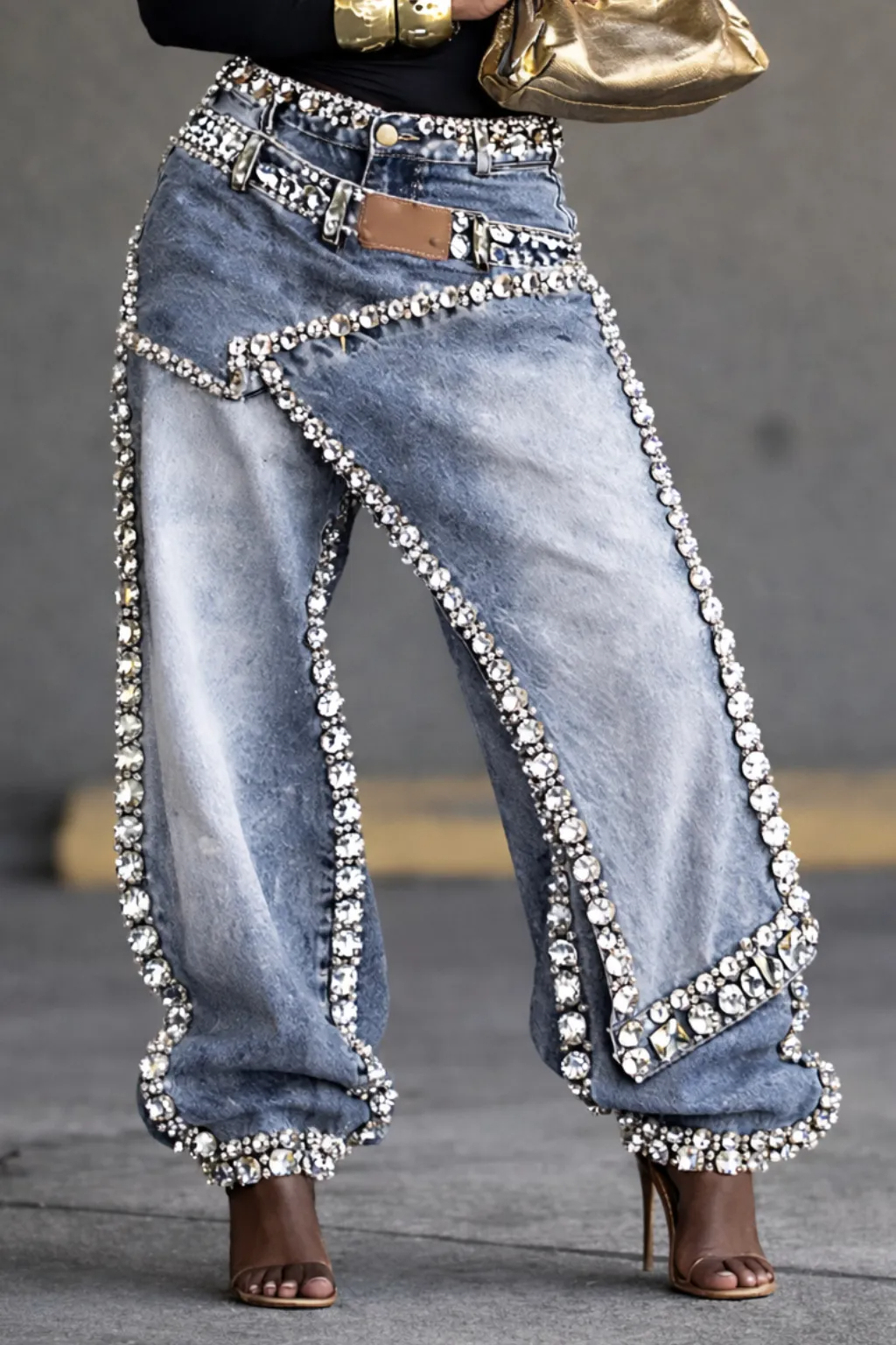 Women's Diamond-Encrusted Faux Two-Piece Denim Jeans