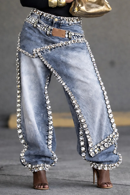 Women's Diamond-Encrusted Faux Two-Piece Denim Jeans