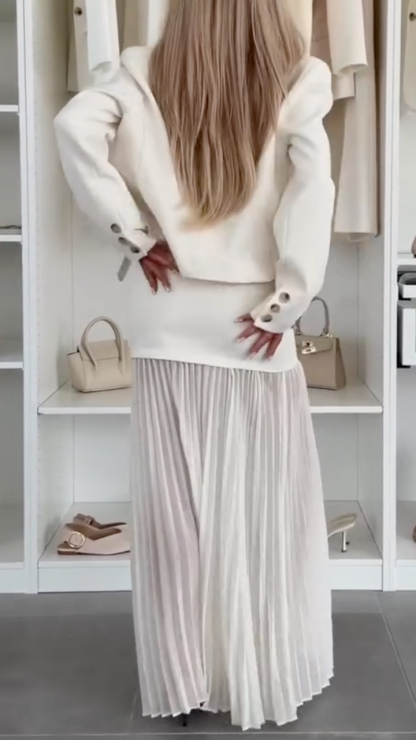 Women's Collared Blazer + Pleated Skirt Elegant Suit