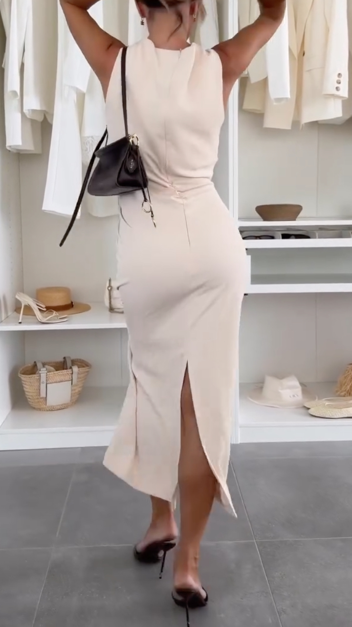 Cowl Neck Sleeveless Ruched Side Midi Dress