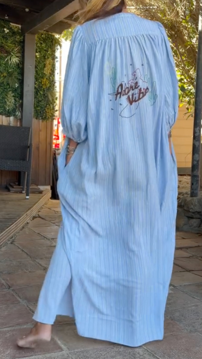 Light Blue Striped Button Down Shirt Maxi Dress