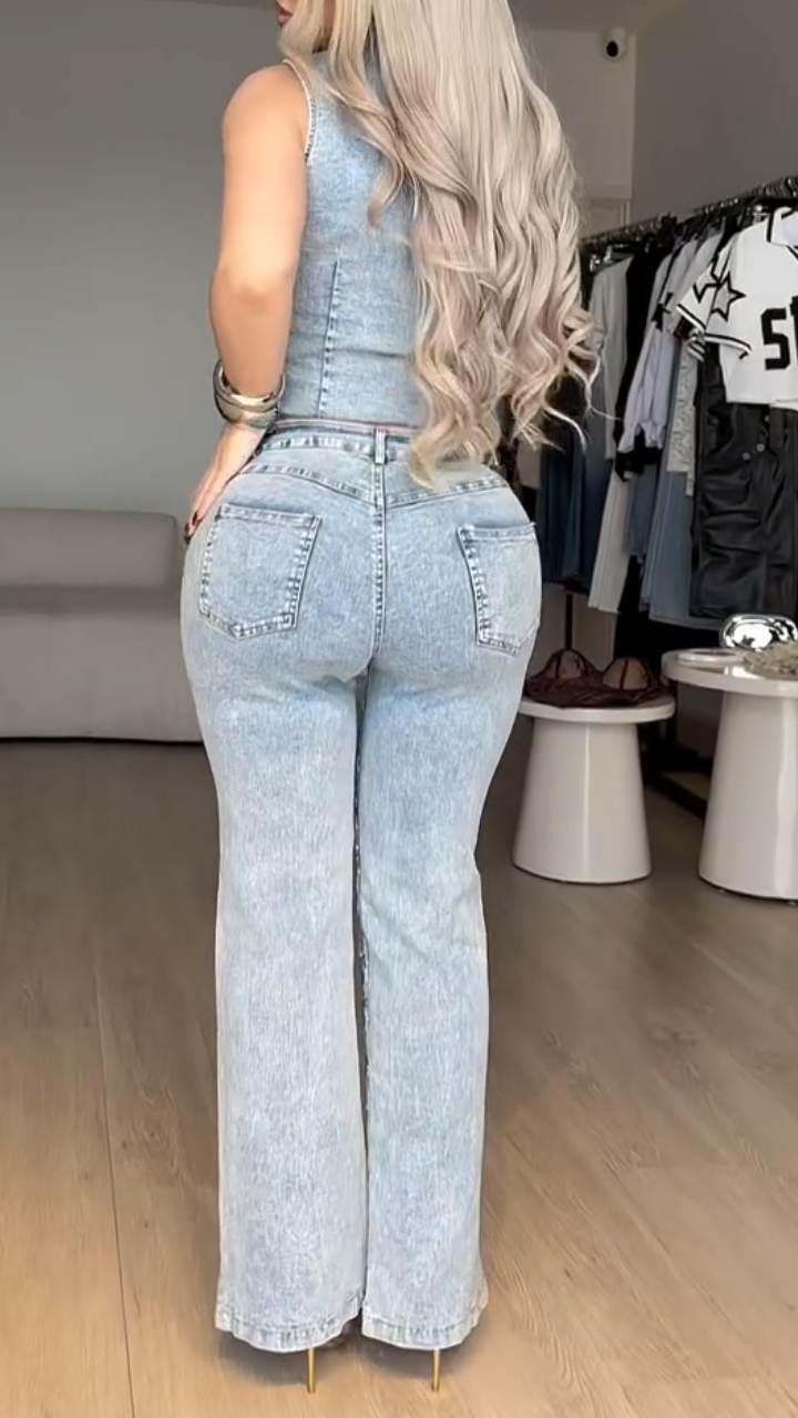 Women's Heavy Sequined Floral Embroidered Denim Two-Piece Set