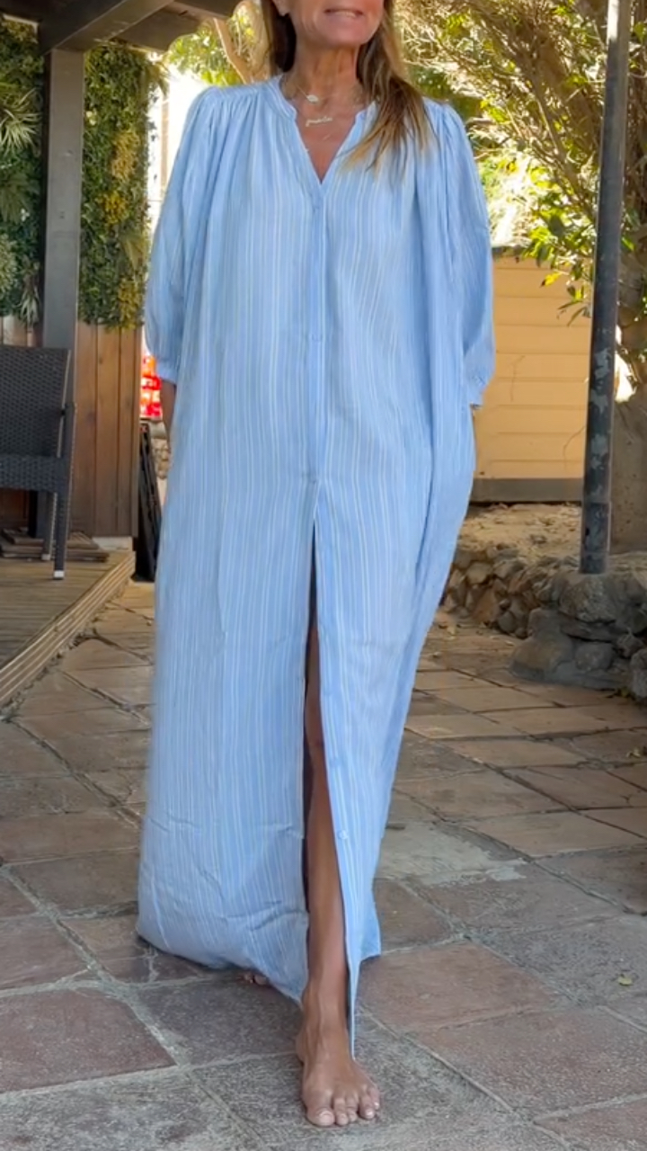 Light Blue Striped Button Down Shirt Maxi Dress