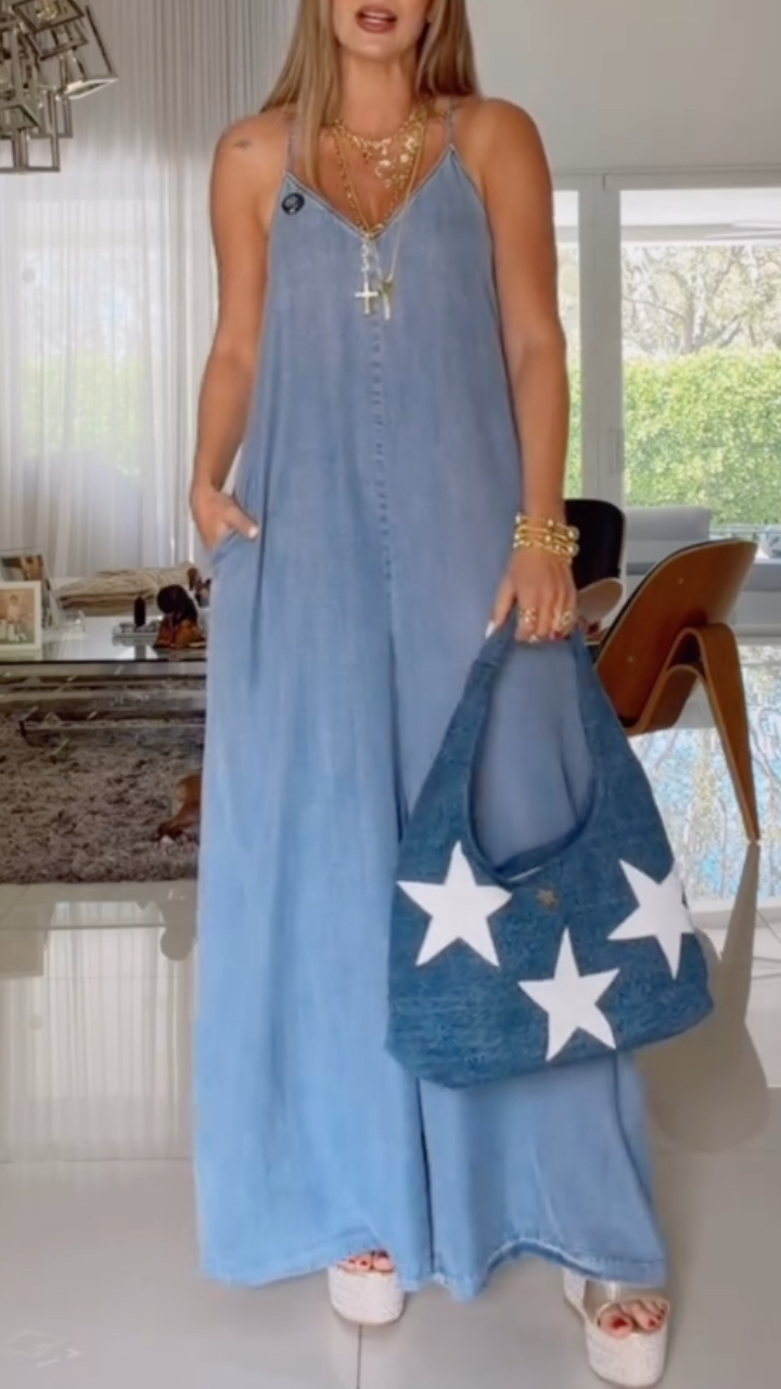 V-Neck Halter Top Tencel Denim Casual Jumpsuit