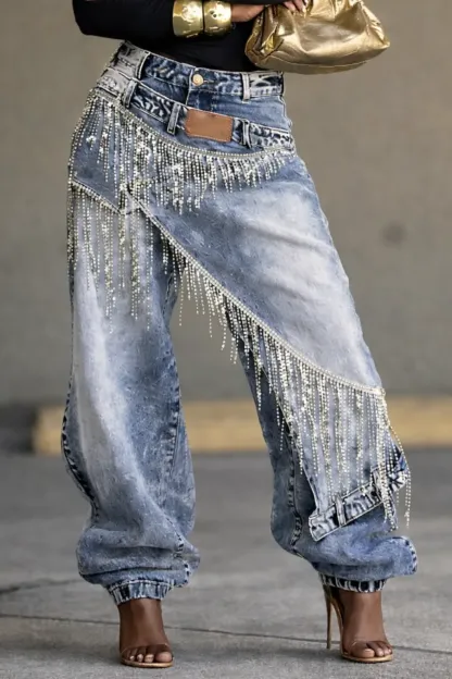 Rhinestone Fringe Double Waistband Wide Leg Denim Jeans