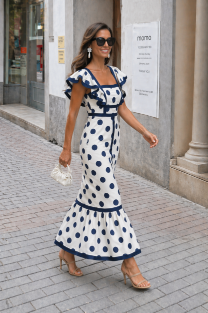 Navy Polka Dot Ruffle Square Neck Midi Dress