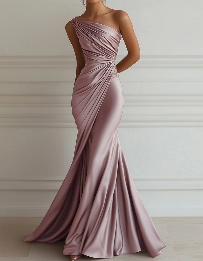 One Shoulder Ruched Satin Mermaid Gown