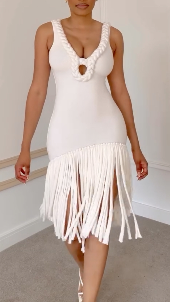 White Knit Braided Fringe Midi Bodycon Dress