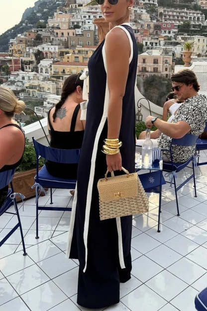 Beach Day Colorblock Bow Detail Slit Midi Top and Elastic Waist Loose Pants Set