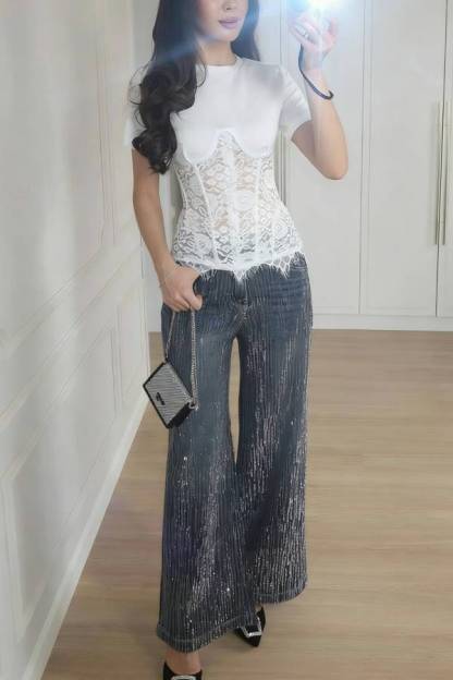 Lace Fishbone Short Sleeve Back Lace-up Waisted T-shirt