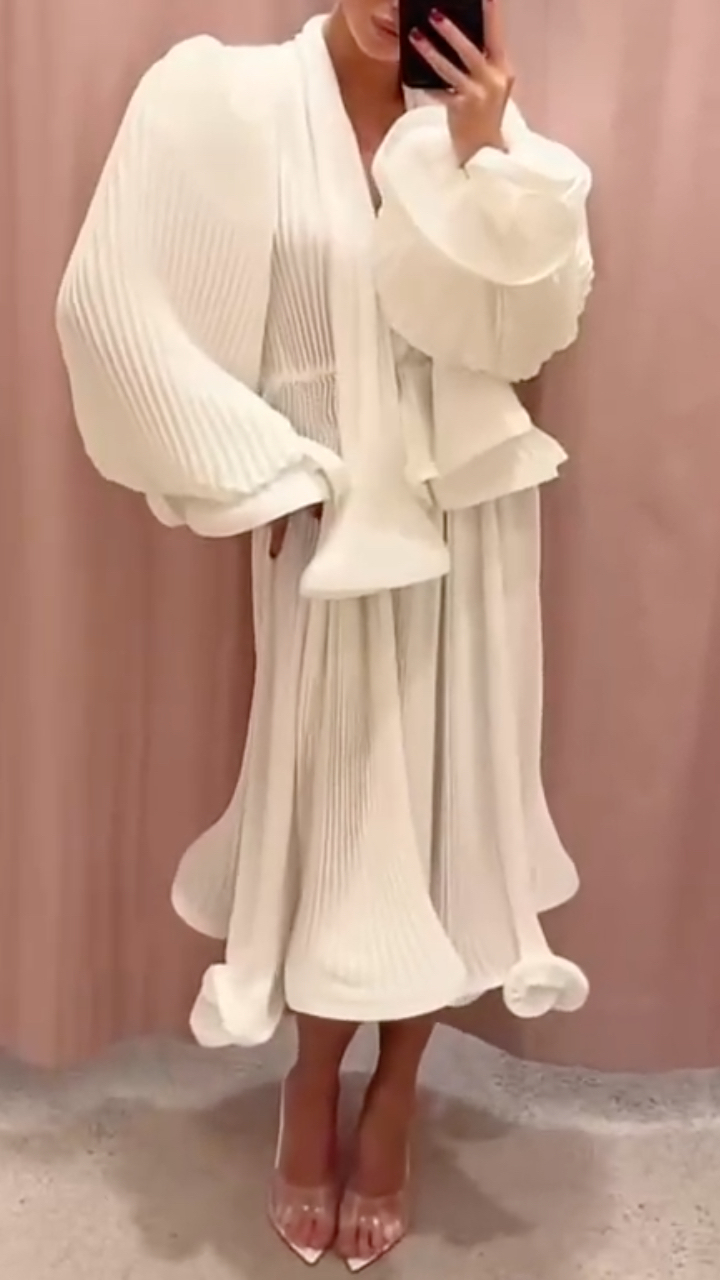 White Pleated Ruffle Two-Piece Dress Set