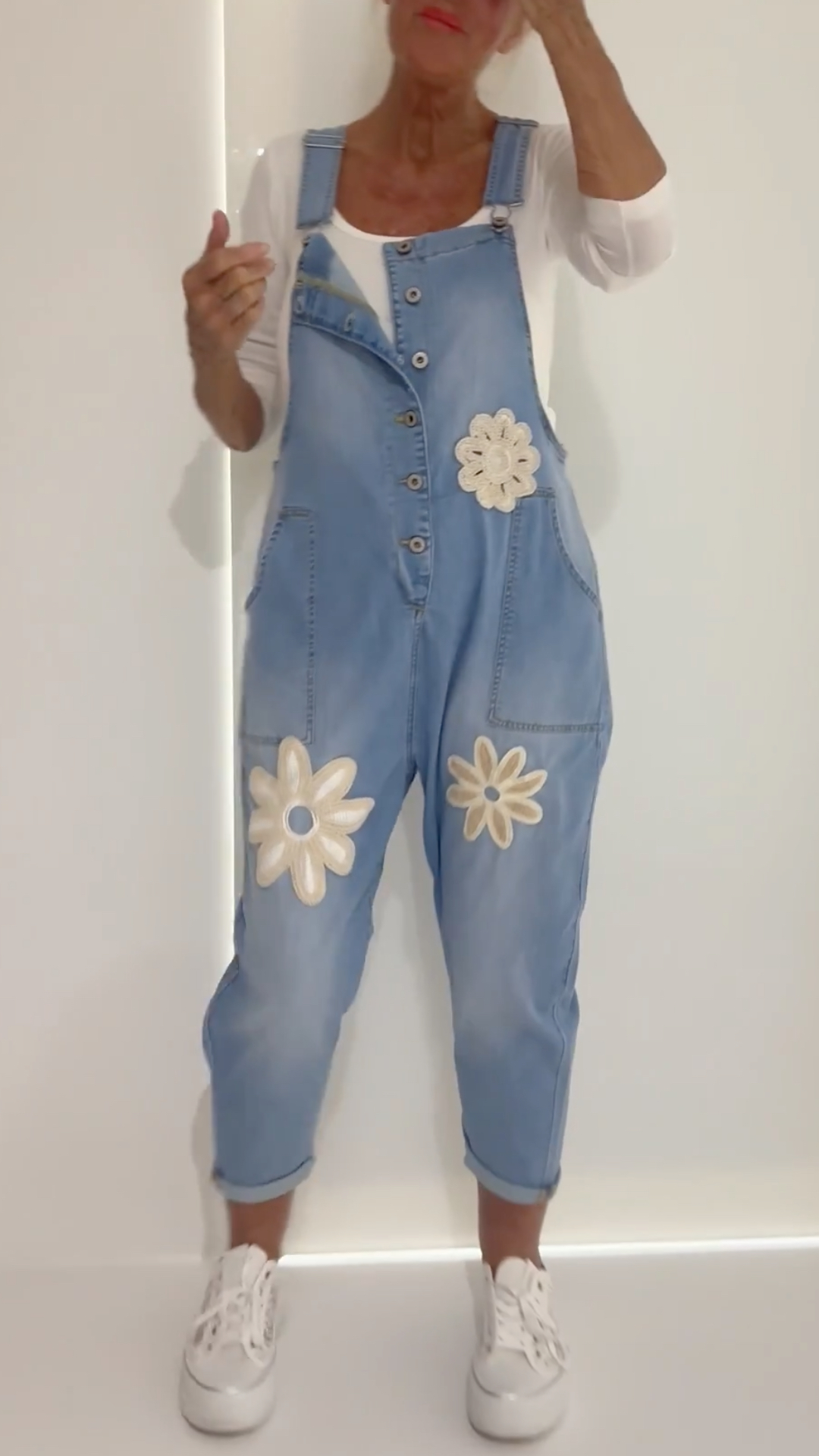 Floral Applique Denim Overall Jumpsuit